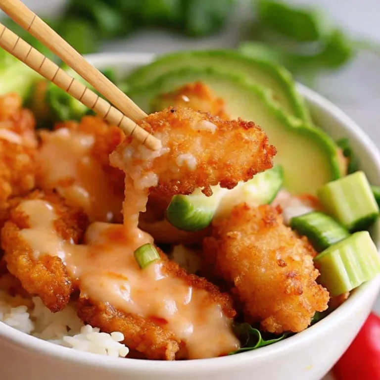 Crispy Bang Bang shrimp served over white rice with spicy mayo, avocado slices, cucumber, and green onions in a bowl.
