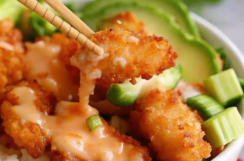 Crispy Bang Bang shrimp served over white rice with spicy mayo, avocado slices, cucumber, and green onions in a bowl.
