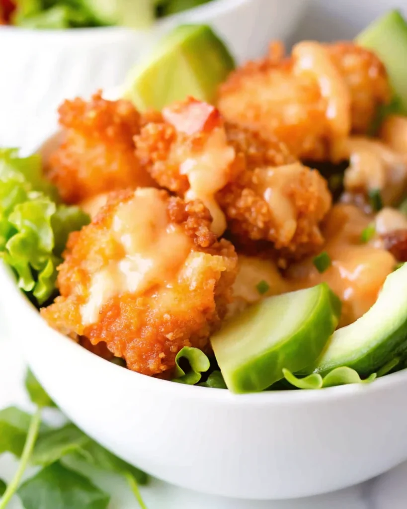 Crispy Bang Bang shrimp served over white rice with spicy mayo, avocado slices, cucumber, and green onions in a bowl.
