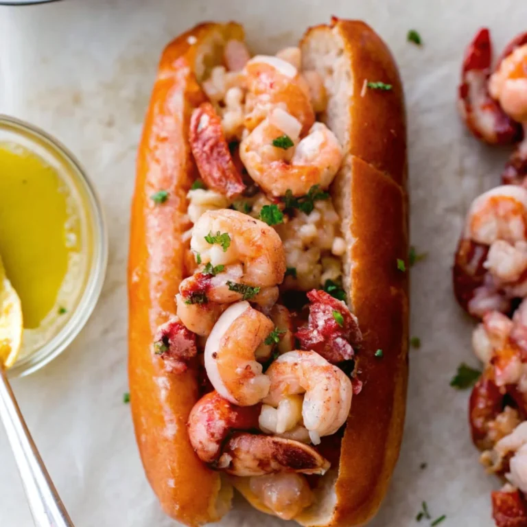 Warm buttery lobster roll filled with succulent lobster meat and garnished with fresh herbs in a toasted bun.