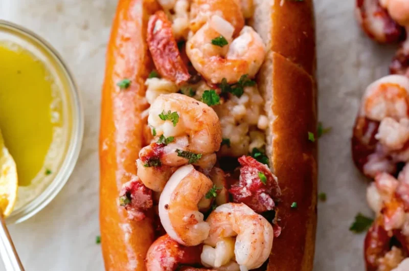 Warm buttery lobster roll filled with succulent lobster meat and garnished with fresh herbs in a toasted bun.