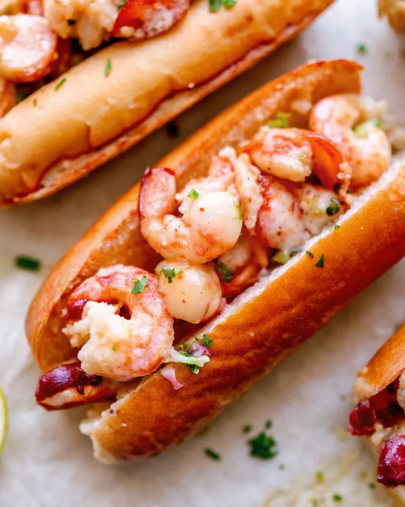 Warm buttery lobster roll filled with succulent lobster meat and garnished with fresh herbs in a toasted bun.