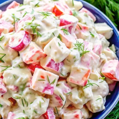 Creamy cold seafood salad with cubed vegetables, herbs, and a rich mayonnaise-based dressing served in a blue bowl.