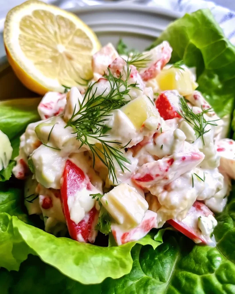 Creamy cold seafood salad with cubed vegetables, herbs, and a rich mayonnaise-based dressing served in a blue bowl.