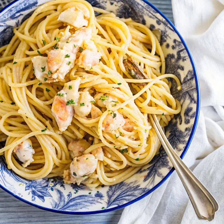 Creamy lobster pasta with spaghetti served in a decorative blue and white bowl