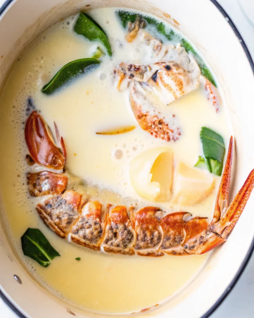 Creamy lobster pasta with spaghetti served in a decorative blue and white bowl