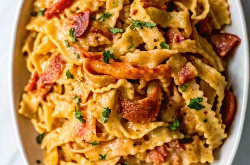 Creamy tomato and lobster pasta garnished with parsley, served on a white oval plate.