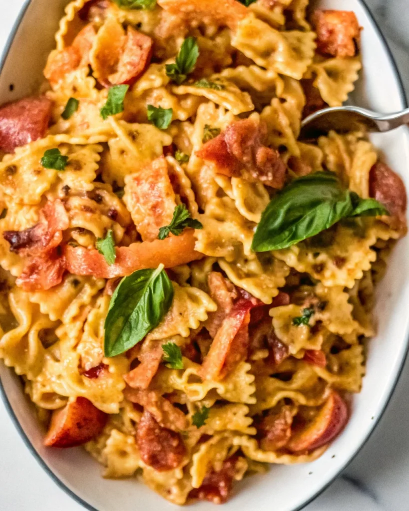 Creamy tomato and lobster pasta garnished with parsley, served on a white oval plate.