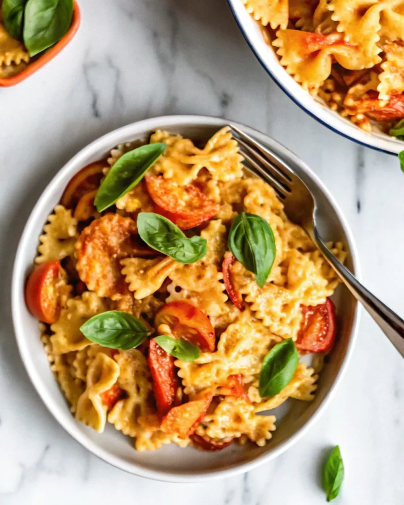 Creamy tomato and lobster pasta garnished with parsley, served on a white oval plate.