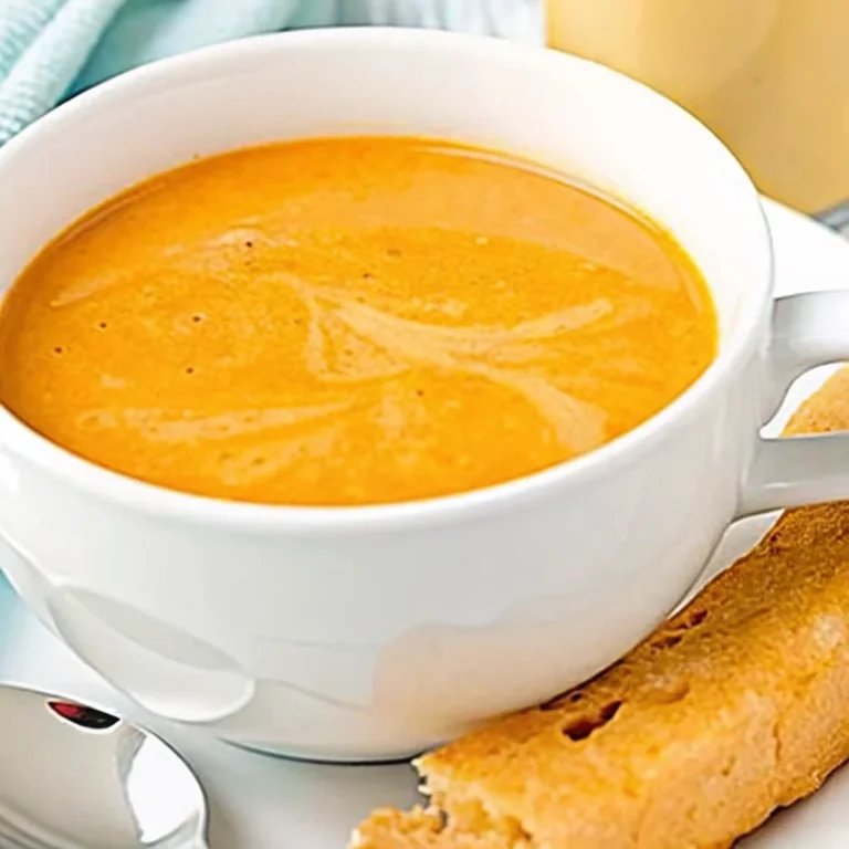 Creamy homemade lobster bisque soup in white bowl with golden orange color perfect for family dinner