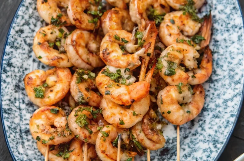 Easy Mediterranean Shrimp Kabobs served on skewers with fresh herbs and grilled to perfection.
