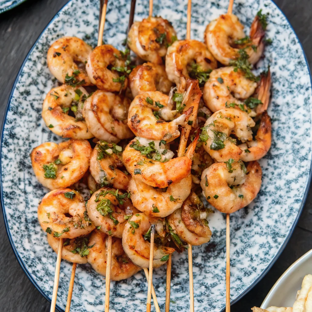 Easy Mediterranean Shrimp Kabobs served on skewers with fresh herbs and grilled to perfection.