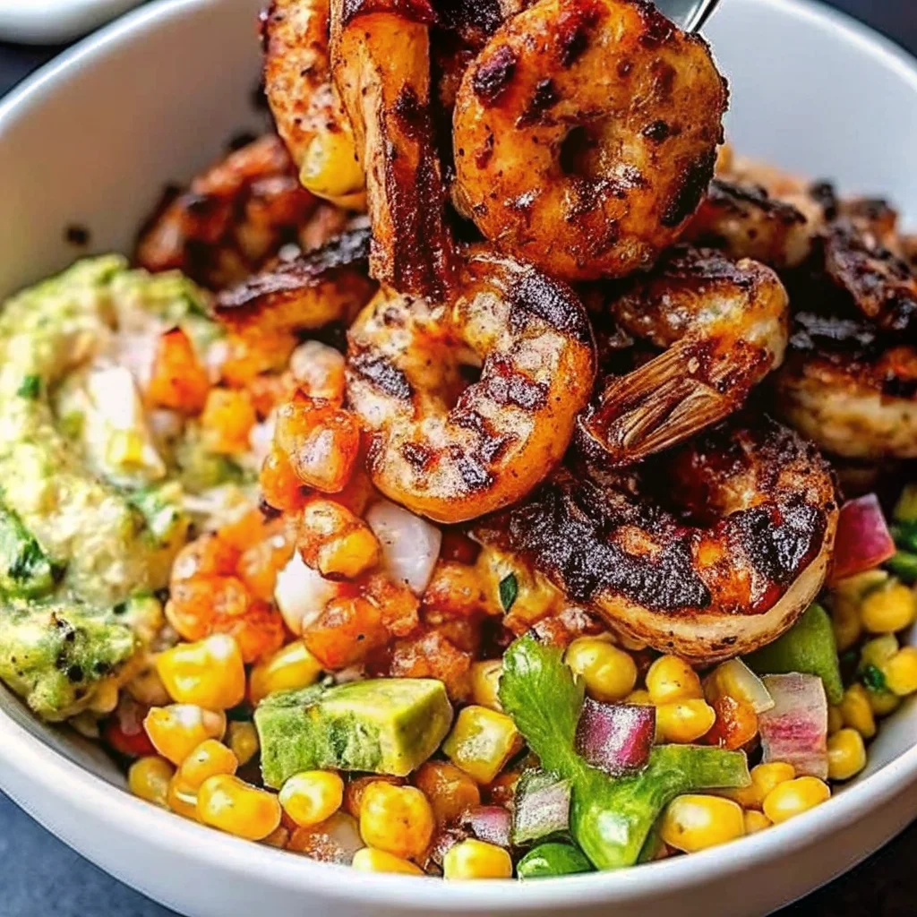 Grilled shrimp bowl topped with charred shrimp, avocado, corn salsa, and creamy sauce