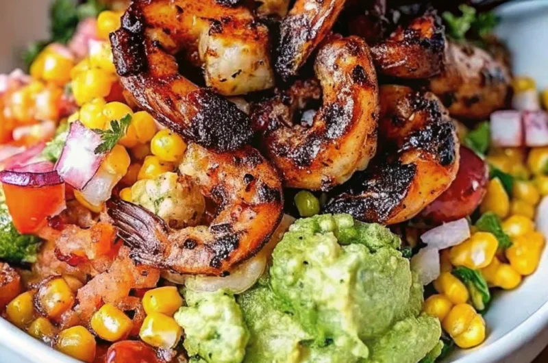 Grilled shrimp bowl topped with charred shrimp, avocado, corn salsa, and creamy sauce