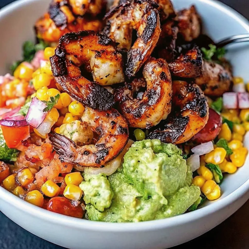 Grilled shrimp bowl topped with charred shrimp, avocado, corn salsa, and creamy sauce