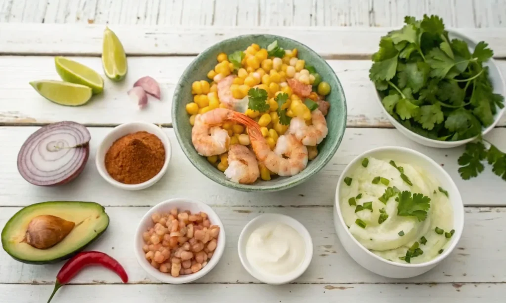 Grilled shrimp bowl topped with charred shrimp, avocado, corn salsa, and creamy sauce