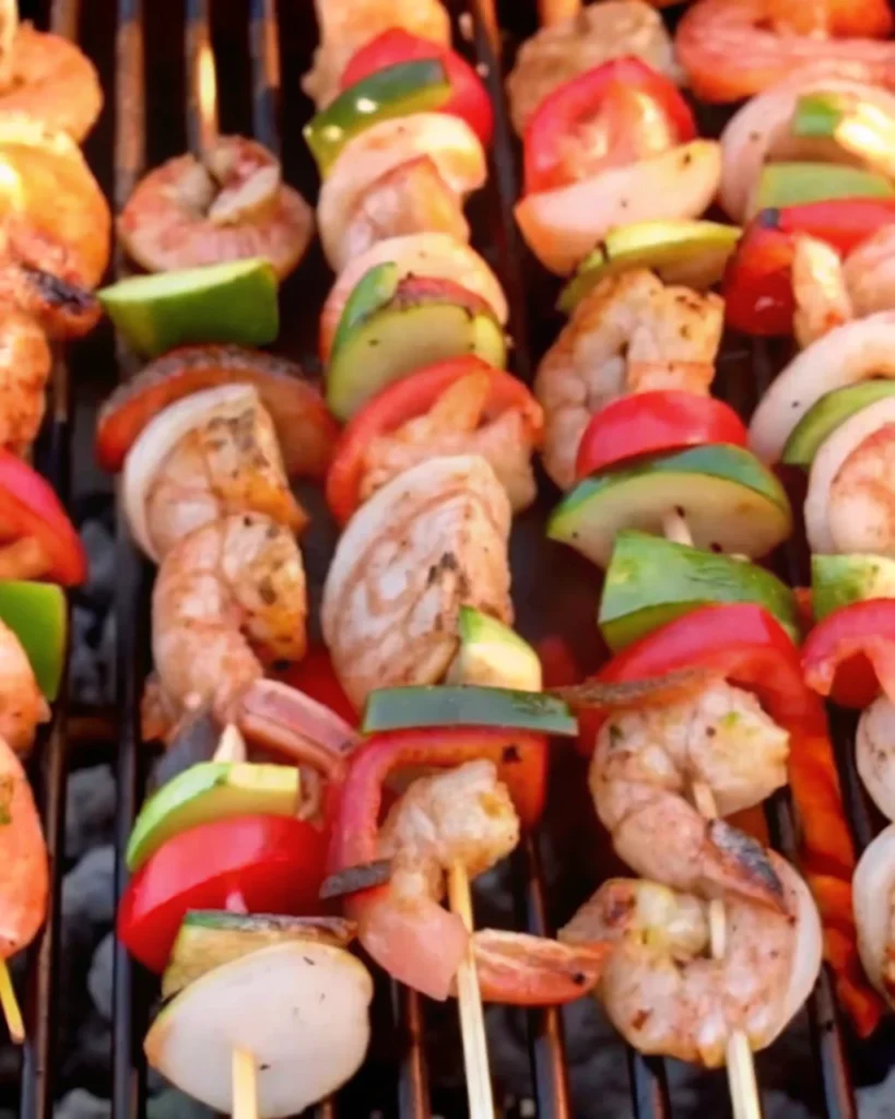Grilled shrimp kabobs with bell peppers, onions, and a side of seasoned pasta on a white plate.