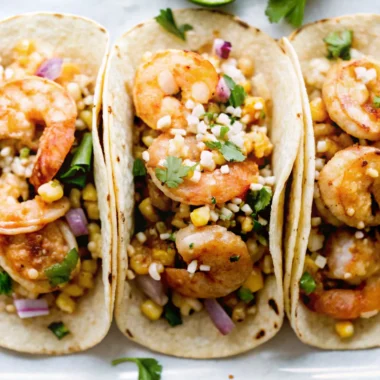 Shrimp Tacos with Corn Salsa topped with red onion, jalapeño, cilantro, and crumbled cheese in grilled tortillas.