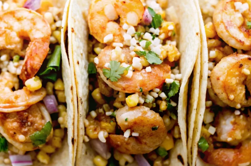 Shrimp Tacos with Corn Salsa topped with red onion, jalapeño, cilantro, and crumbled cheese in grilled tortillas.