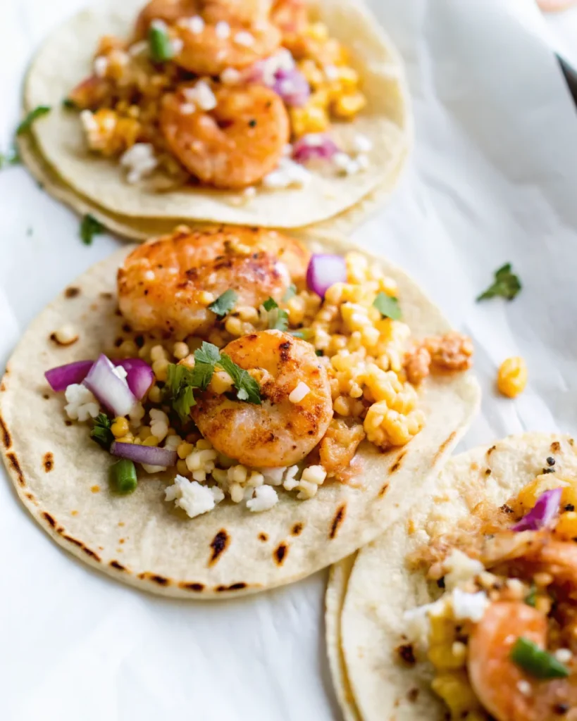 Shrimp Tacos with Corn Salsa topped with red onion, jalapeño, cilantro, and crumbled cheese in grilled tortillas.