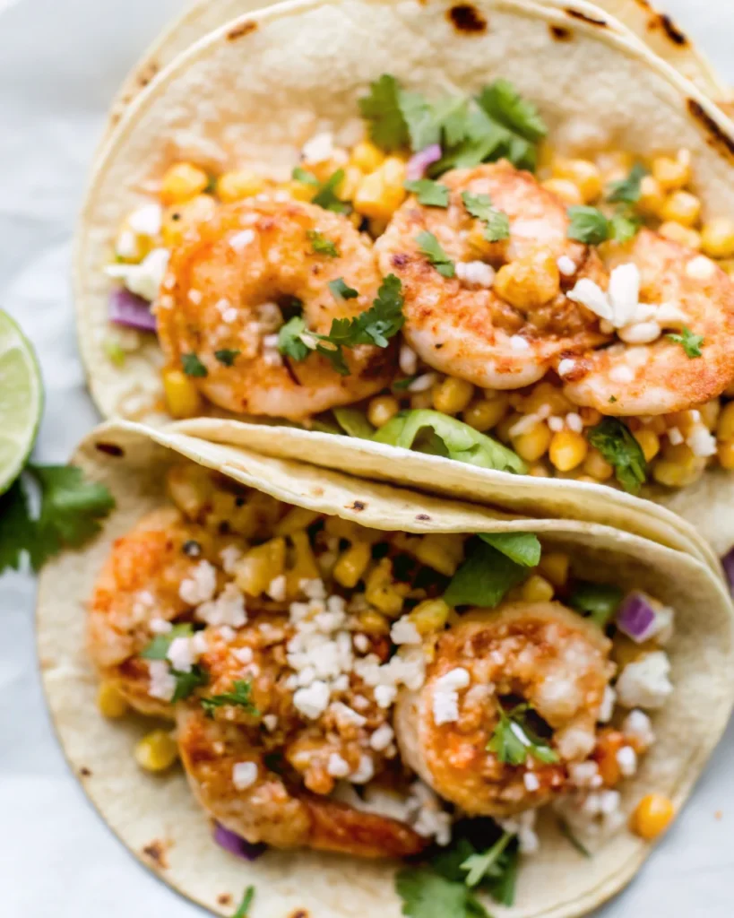 Shrimp Tacos with Corn Salsa topped with red onion, jalapeño, cilantro, and crumbled cheese in grilled tortillas.