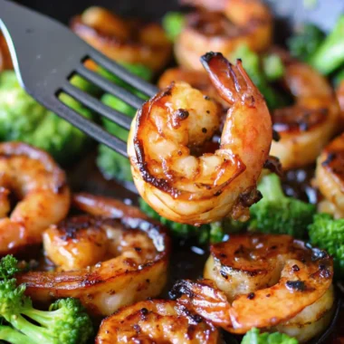 Honey garlic butter shrimp with broccoli in a skillet, garnished with a golden glaze and seared to perfection.