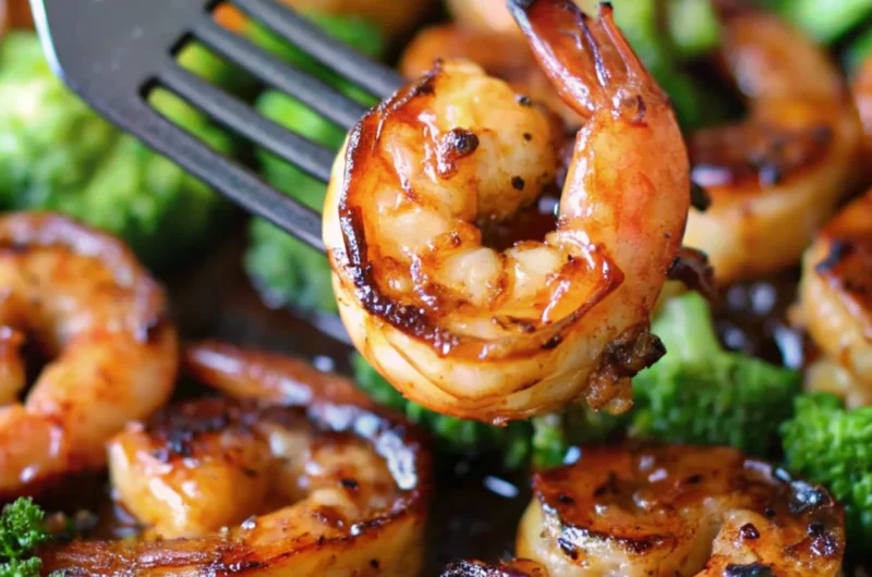 Honey garlic butter shrimp with broccoli in a skillet, garnished with a golden glaze and seared to perfection.