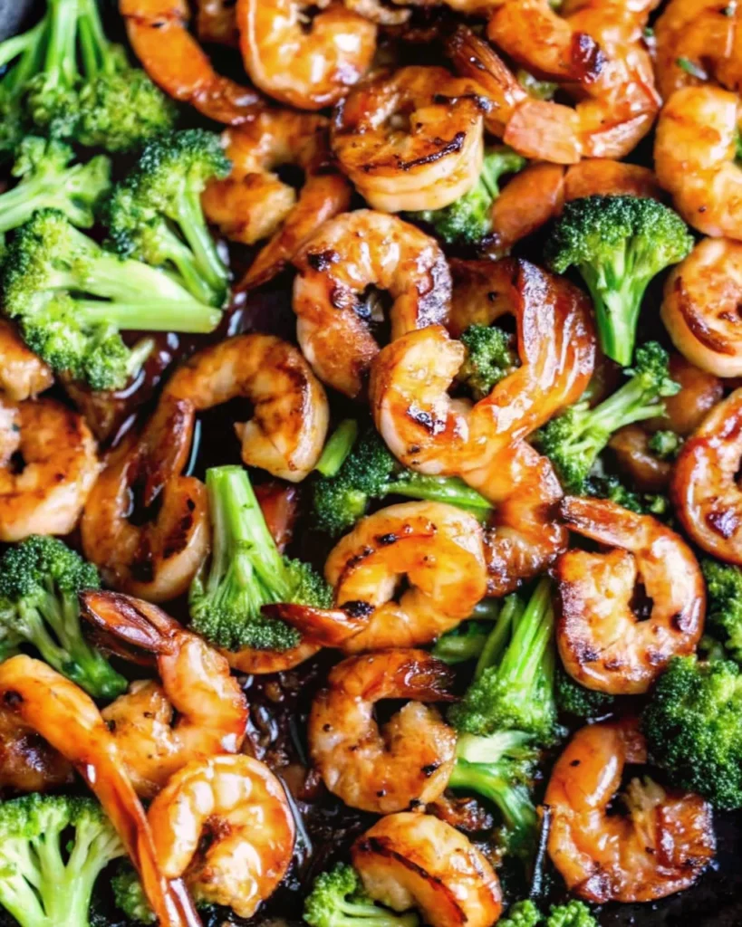 Honey garlic butter shrimp with broccoli in a skillet, garnished with a golden glaze and seared to perfection.