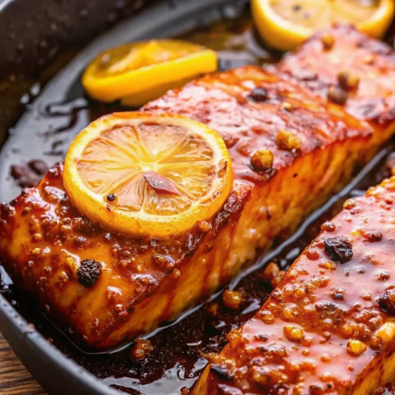 Close-up of honey glazed salmon fillet topped with lemon slice and garlic in a skillet