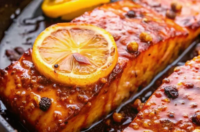 Close-up of honey glazed salmon fillet topped with lemon slice and garlic in a skillet