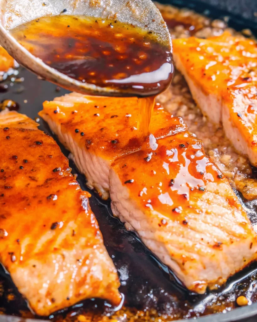 Close-up of honey glazed salmon fillet topped with lemon slice and garlic in a skillet