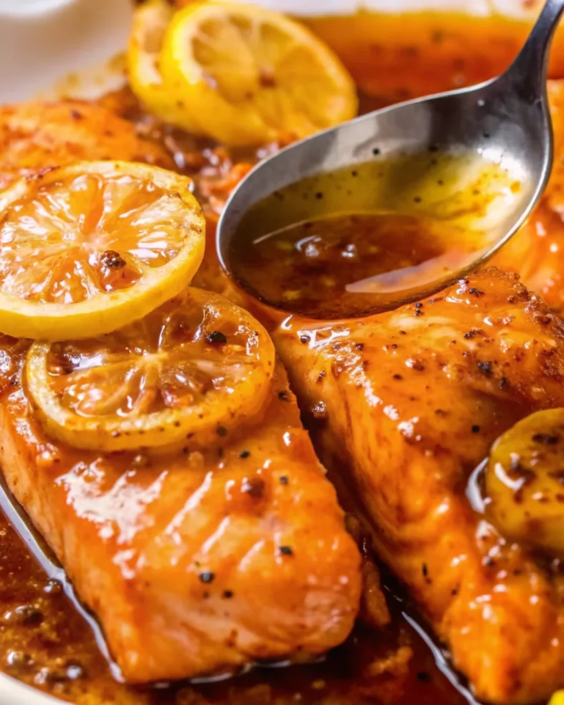 Close-up of honey glazed salmon fillet topped with lemon slice and garlic in a skillet
