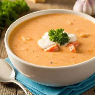 Ina Garten Lobster Bisque Recipe served in a white bowl, garnished with lobster meat and fresh herbs.