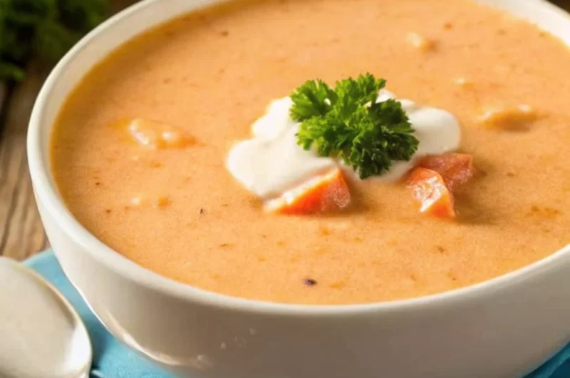 Ina Garten Lobster Bisque Recipe served in a white bowl, garnished with lobster meat and fresh herbs.