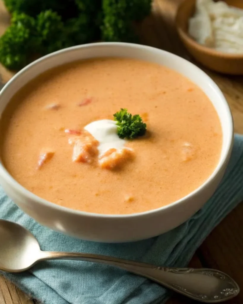 Ina Garten Lobster Bisque Recipe served in a white bowl, garnished with lobster meat and fresh herbs.