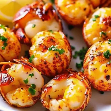 Golden-brown lobster bites served with a rich garlic butter sauce, garnished with fresh herbs on a white plate.