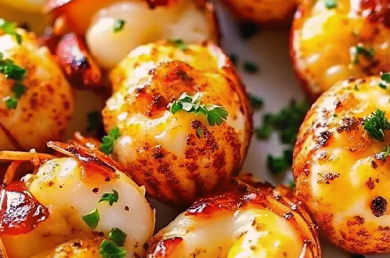 Golden-brown lobster bites served with a rich garlic butter sauce, garnished with fresh herbs on a white plate.