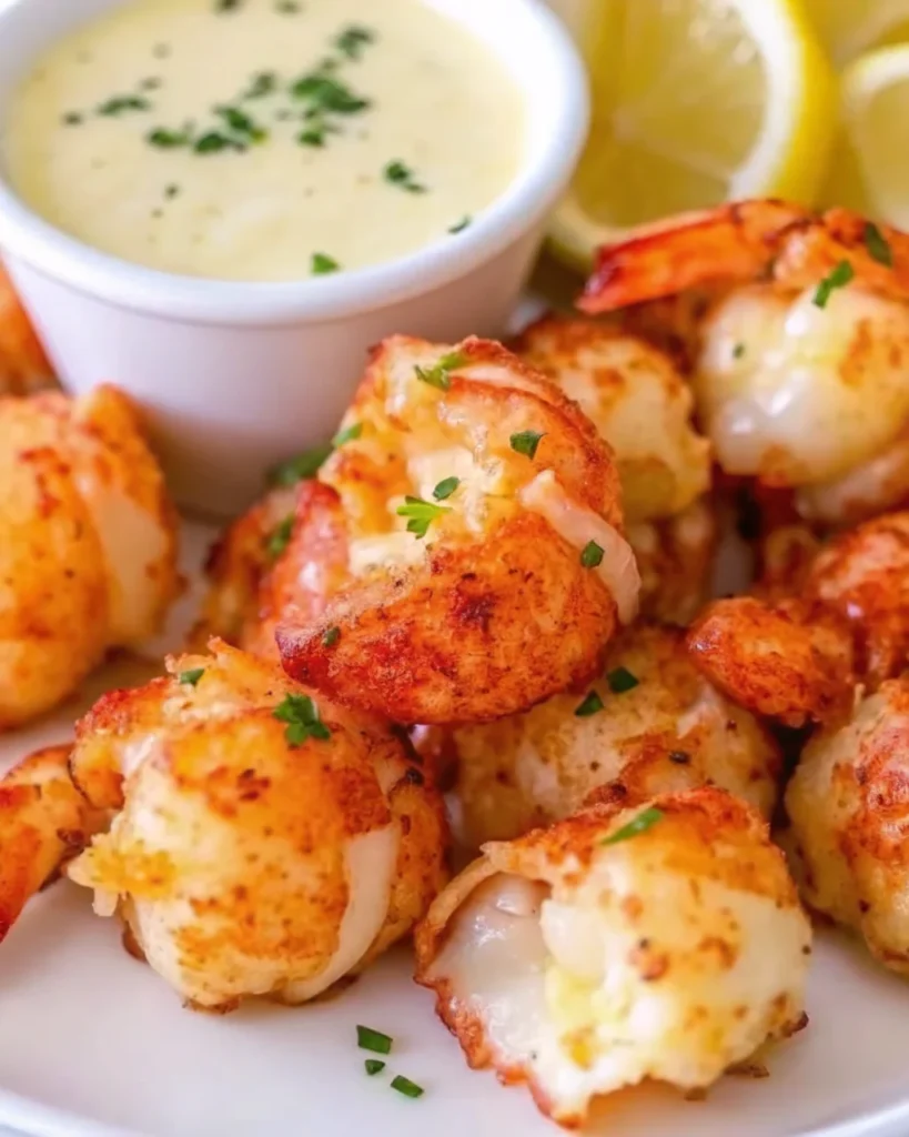 Golden-brown lobster bites served with a rich garlic butter sauce, garnished with fresh herbs on a white plate.