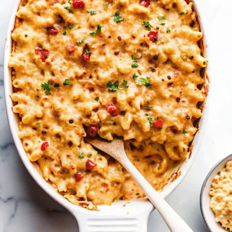 Creamy baked lobster mac and cheese topped with herbs and red peppers in a white casserole dish