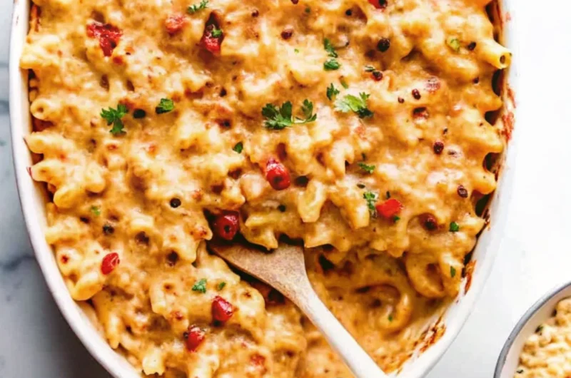 Creamy baked lobster mac and cheese topped with herbs and red peppers in a white casserole dish