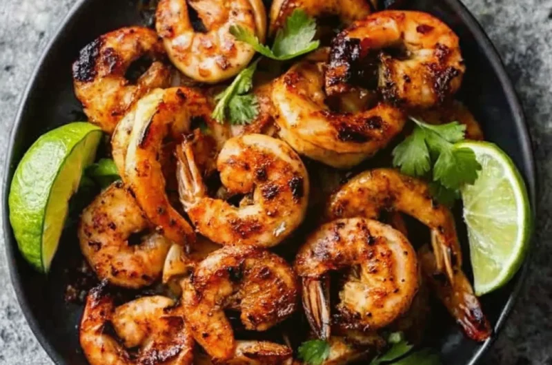 Margarita grilled shrimp served in a black bowl with lime wedges and cilantro garnish.