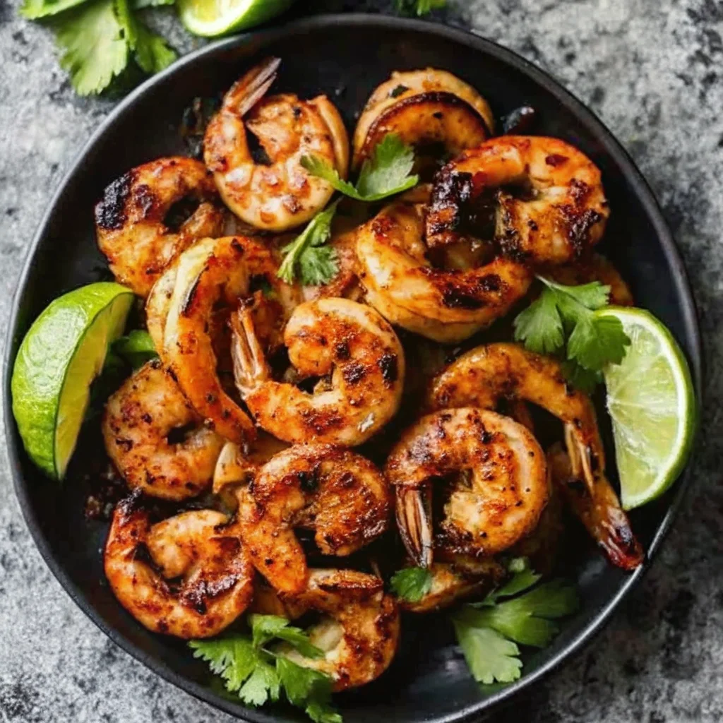 Margarita grilled shrimp served in a black bowl with lime wedges and cilantro garnish.