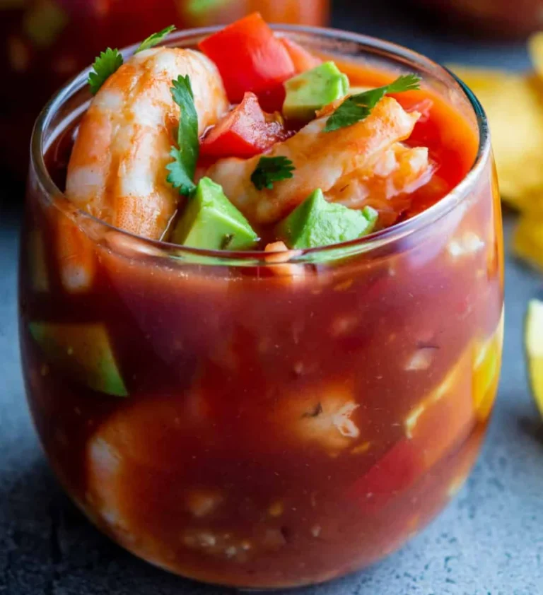 Colorful Mexican shrimp cocktail served in a glass with tomato sauce, avocado chunks, fresh cilantro, and plump shrimp.