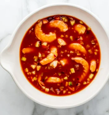Colorful Mexican shrimp cocktail served in a glass with tomato sauce, avocado chunks, fresh cilantro, and plump shrimp.