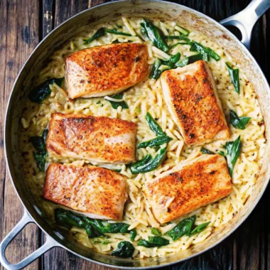 One skillet salmon with lemon orzo featuring golden seared salmon fillets on creamy orzo pasta with fresh greens in a stainless steel pan.