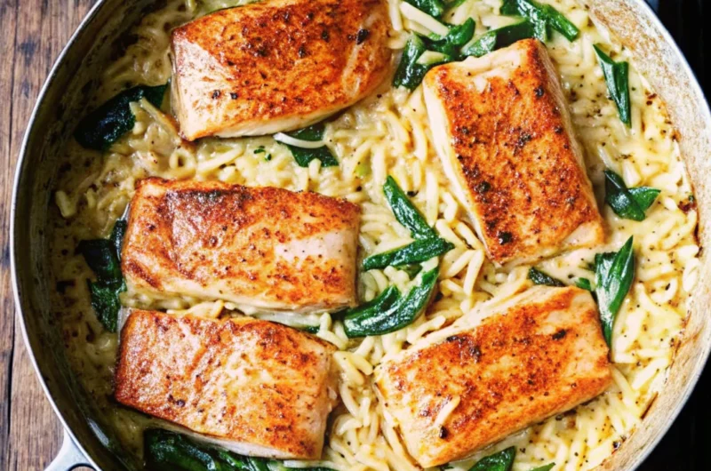 One skillet salmon with lemon orzo featuring golden seared salmon fillets on creamy orzo pasta with fresh greens in a stainless steel pan.