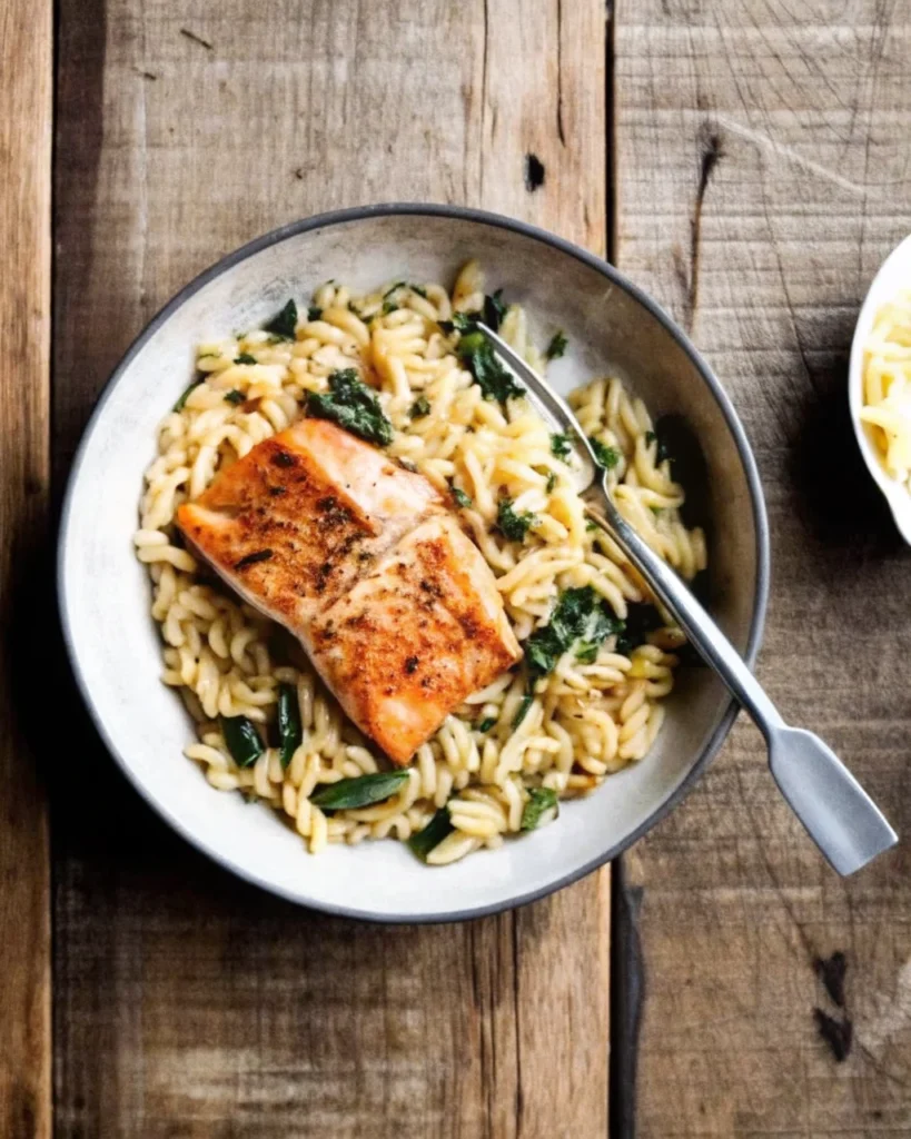 One skillet salmon with lemon orzo featuring golden seared salmon fillets on creamy orzo pasta with fresh greens in a stainless steel pan.