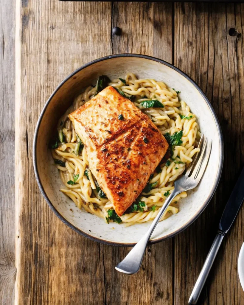 One skillet salmon with lemon orzo featuring golden seared salmon fillets on creamy orzo pasta with fresh greens in a stainless steel pan.