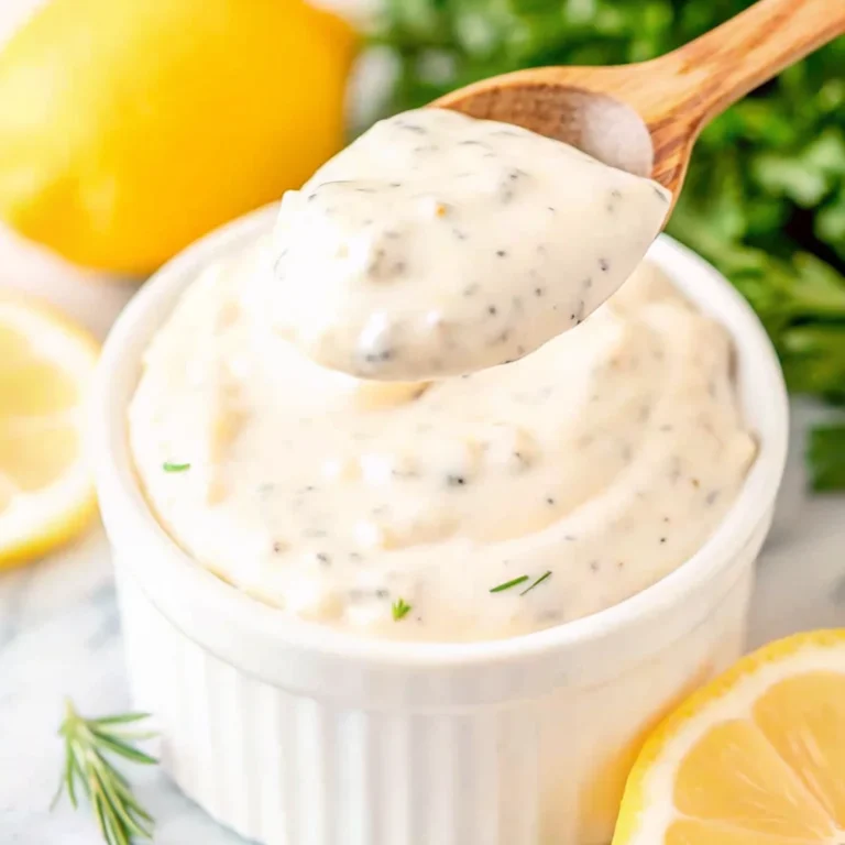 Homemade Red Lobster tartar sauce in white bowl with wooden spoon, showing creamy texture with visible herb and vegetable specks