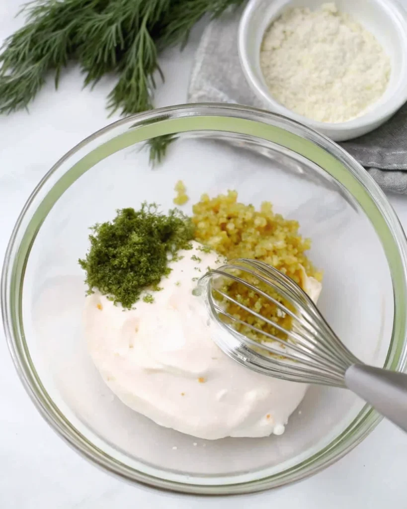 Homemade Red Lobster tartar sauce in white bowl with wooden spoon, showing creamy texture with visible herb and vegetable specks